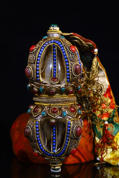 8"Tibet Temple Collection Old Natural Crystal Mosaic Gem Tibetan silver filigree Vajra Amulet Dharma Worship Hall Town house