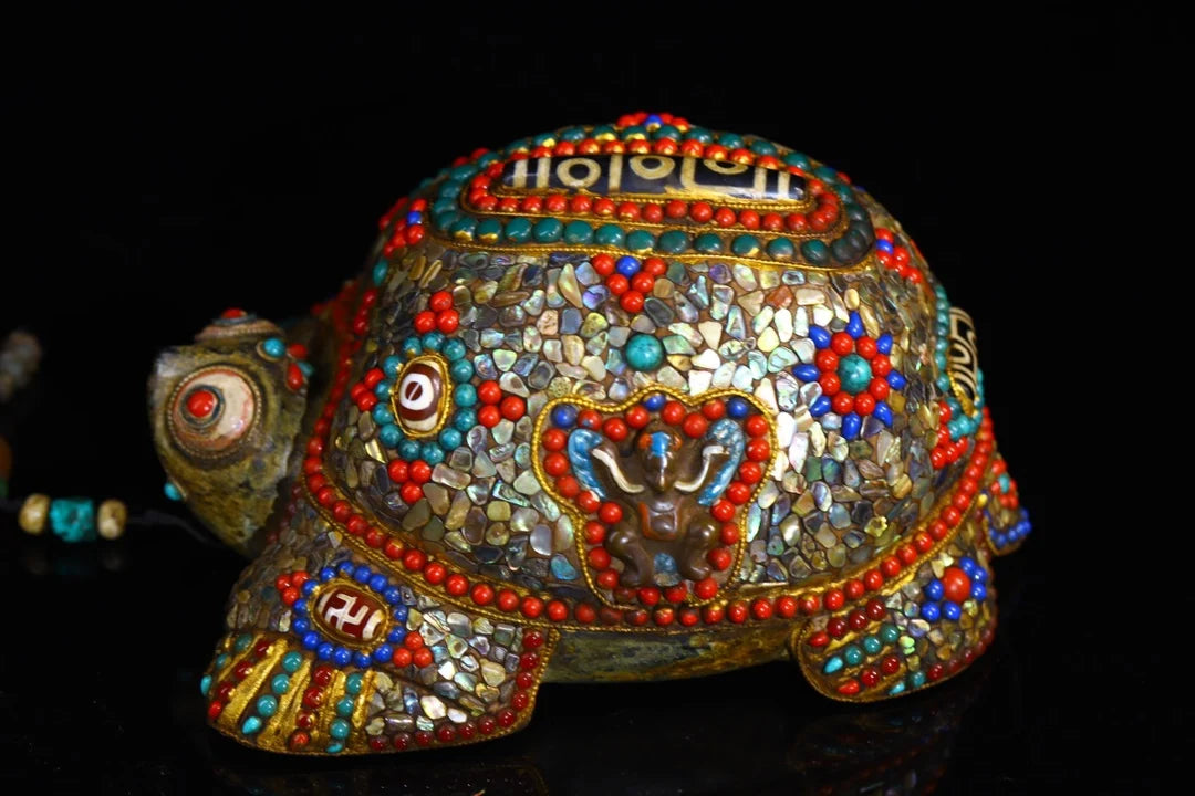 8"Tibet Temple Collection  Old Natural Meteorite mosaic Gem gZi Beads Shell Six-character truthTortoise Amulet Dharma Exorcism