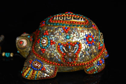 8"Tibet Temple Collection  Old Natural Meteorite mosaic Gem gZi Beads Shell Six-character truthTortoise Amulet Dharma Exorcism