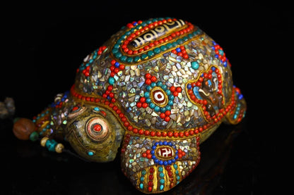 8"Tibet Temple Collection  Old Natural Meteorite mosaic Gem gZi Beads Shell Six-character truthTortoise Amulet Dharma Exorcism