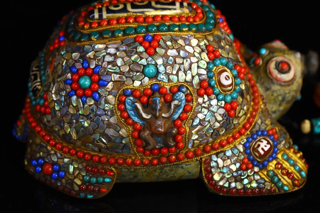 8"Tibet Temple Collection  Old Natural Meteorite mosaic Gem gZi Beads Shell Six-character truthTortoise Amulet Dharma Exorcism