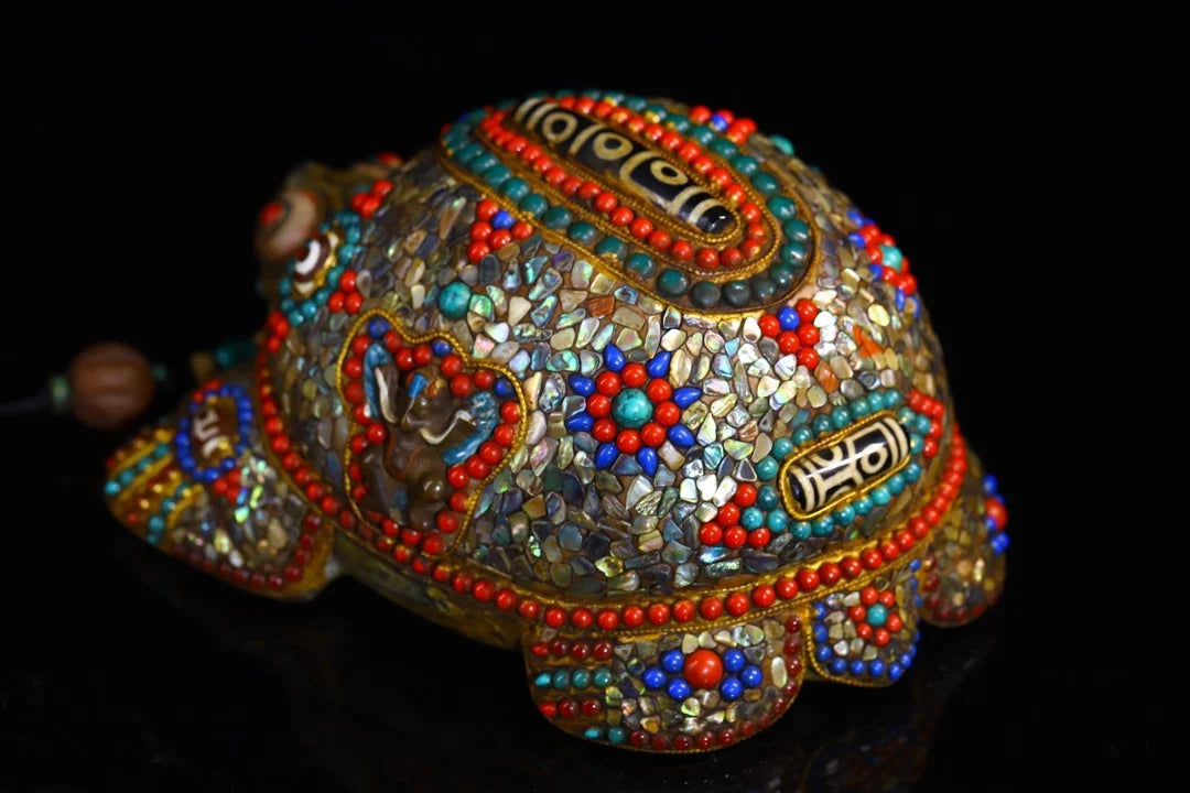 8"Tibet Temple Collection  Old Natural Meteorite mosaic Gem gZi Beads Shell Six-character truthTortoise Amulet Dharma Exorcism