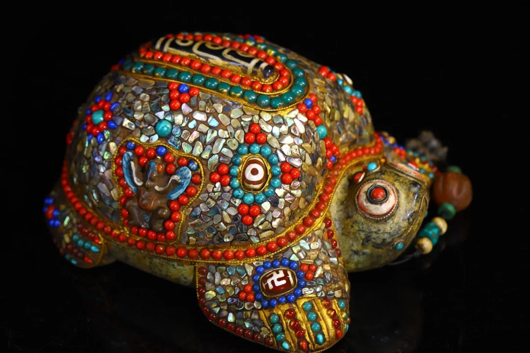 8"Tibet Temple Collection  Old Natural Meteorite mosaic Gem gZi Beads Shell Six-character truthTortoise Amulet Dharma Exorcism
