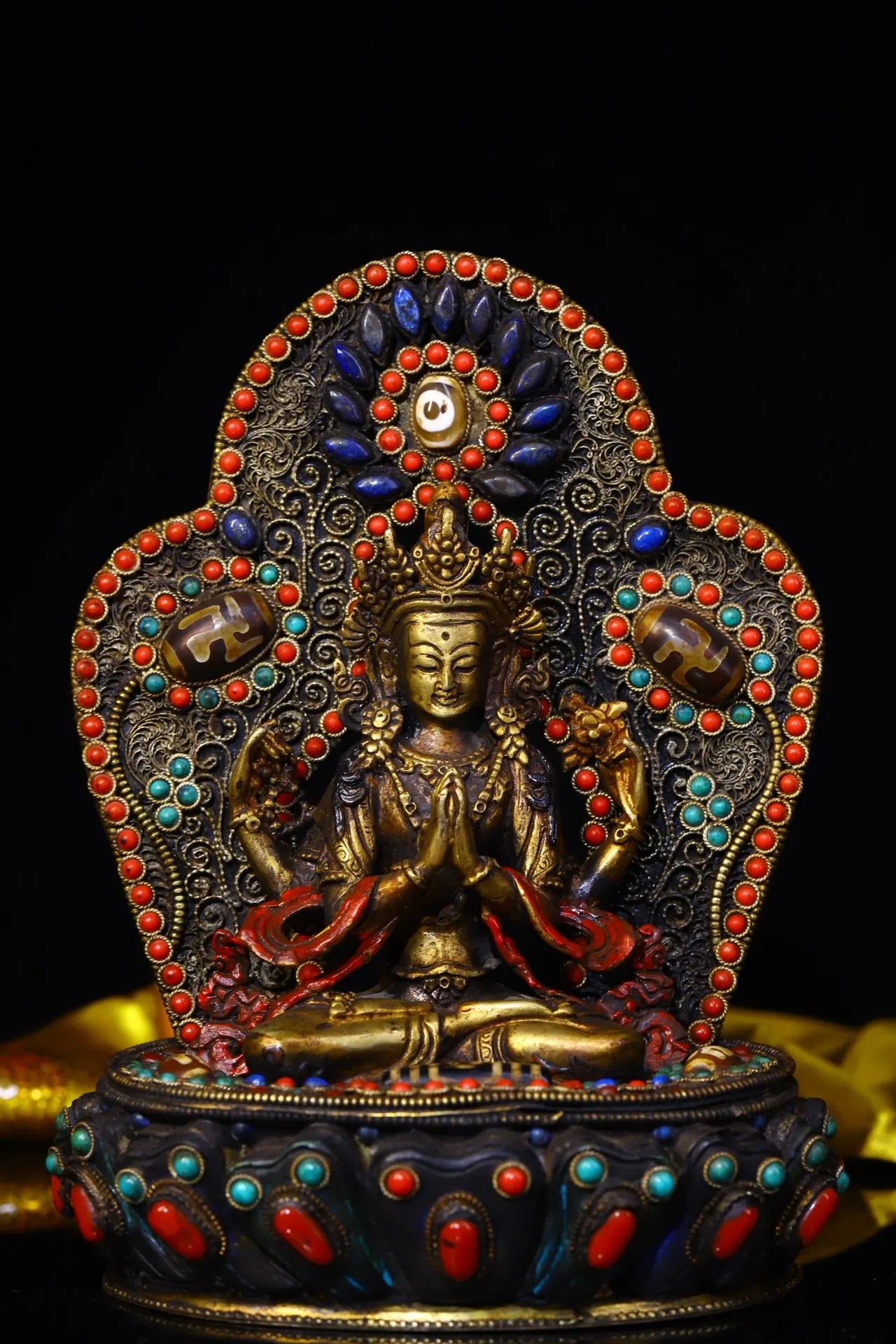 8"Tibet Temple Collection Old Tibetan silver Filigree Gem Dzi Bead Four-armed Guanyin Bodhisattva Back light Buddhist Niche