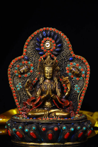 8"Tibet Temple Collection Old Tibetan silver Filigree Gem Dzi Bead Four-armed Guanyin Bodhisattva Back light Buddhist Niche