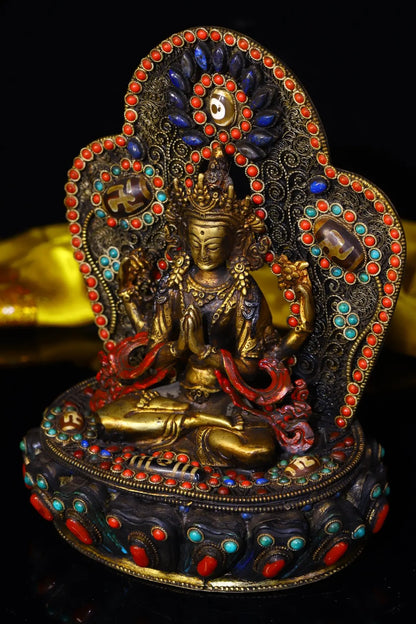8"Tibet Temple Collection Old Tibetan silver Filigree Gem Dzi Bead Four-armed Guanyin Bodhisattva Back light Buddhist Niche