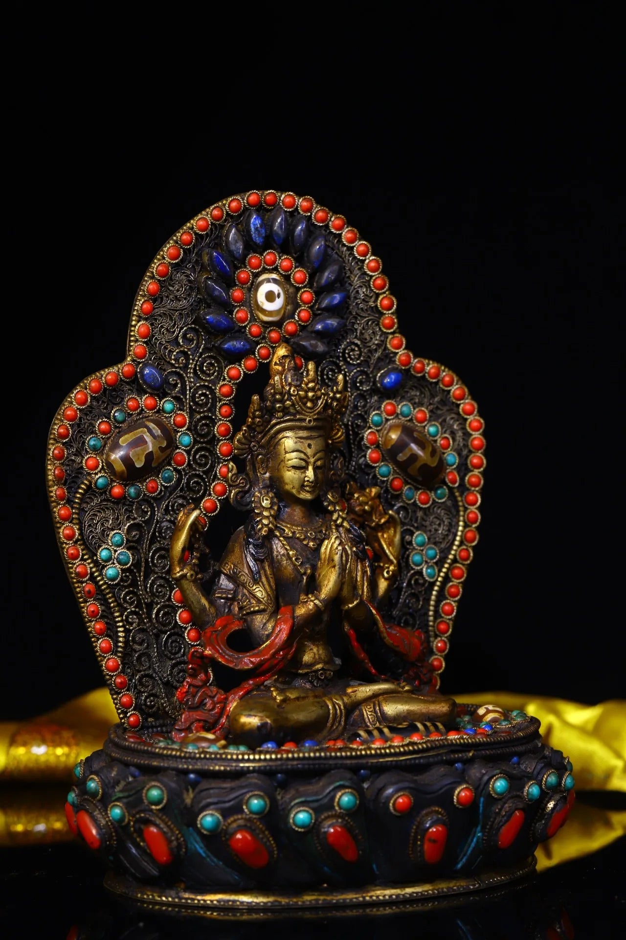 8"Tibet Temple Collection Old Tibetan silver Filigree Gem Dzi Bead Four-armed Guanyin Bodhisattva Back light Buddhist Niche