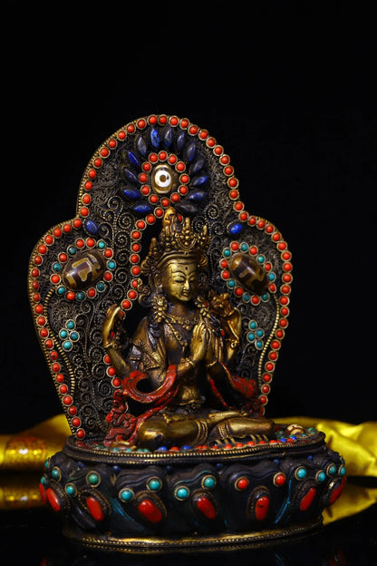 8"Tibet Temple Collection Old Tibetan silver Filigree Gem Dzi Bead Four-armed Guanyin Bodhisattva Back light Buddhist Niche