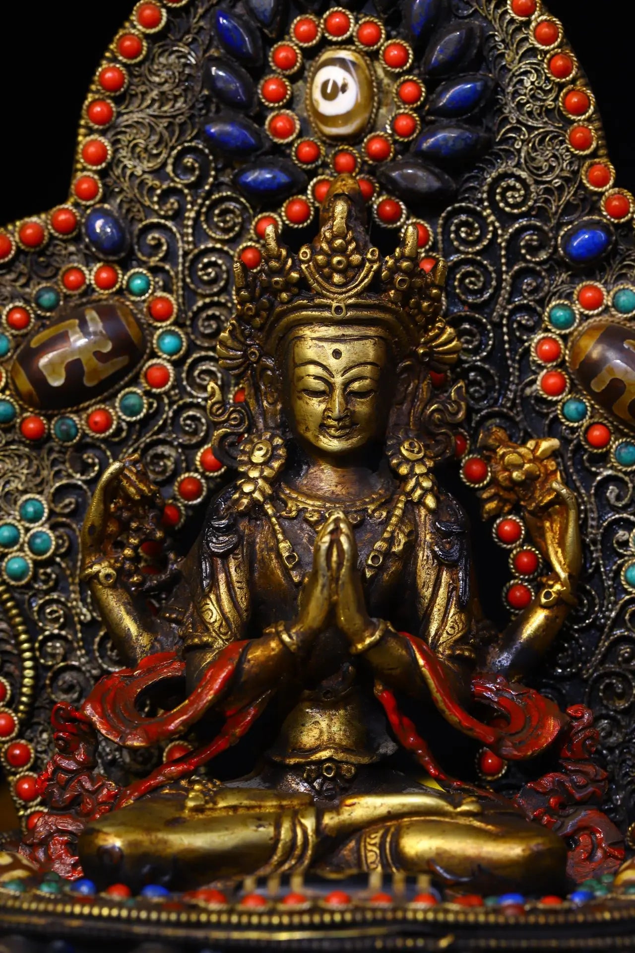 8"Tibet Temple Collection Old Tibetan silver Filigree Gem Dzi Bead Four-armed Guanyin Bodhisattva Back light Buddhist Niche