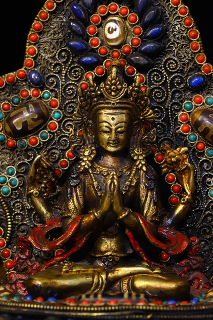 8"Tibet Temple Collection Old Tibetan silver Filigree Gem Dzi Bead Four-armed Guanyin Bodhisattva Back light Buddhist Niche