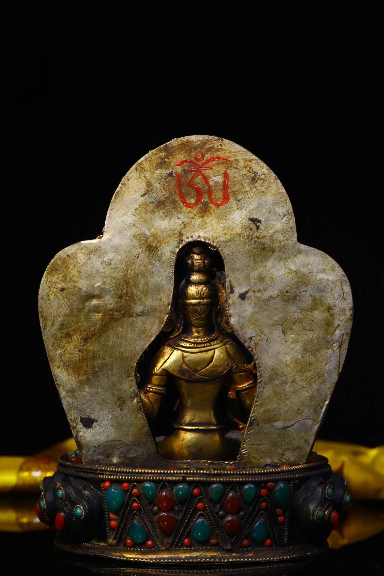 8"Tibet Temple Collection Old Tibetan silver Filigree Gem Dzi Bead Four-armed Guanyin Bodhisattva Back light Buddhist Niche