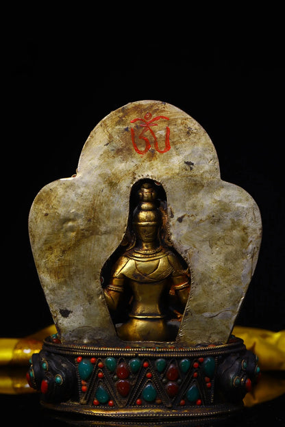 8"Tibet Temple Collection Old Tibetan silver Filigree Gem Dzi Bead Four-armed Guanyin Bodhisattva Back light Buddhist Niche