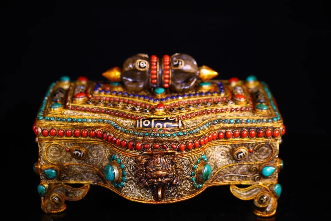 8”Tibet Temple Collection Old Tibetan silver Gilded Mosaic Gem gZi Beads Turquoise Crystal Vajra Treasure Box Jewelry Box