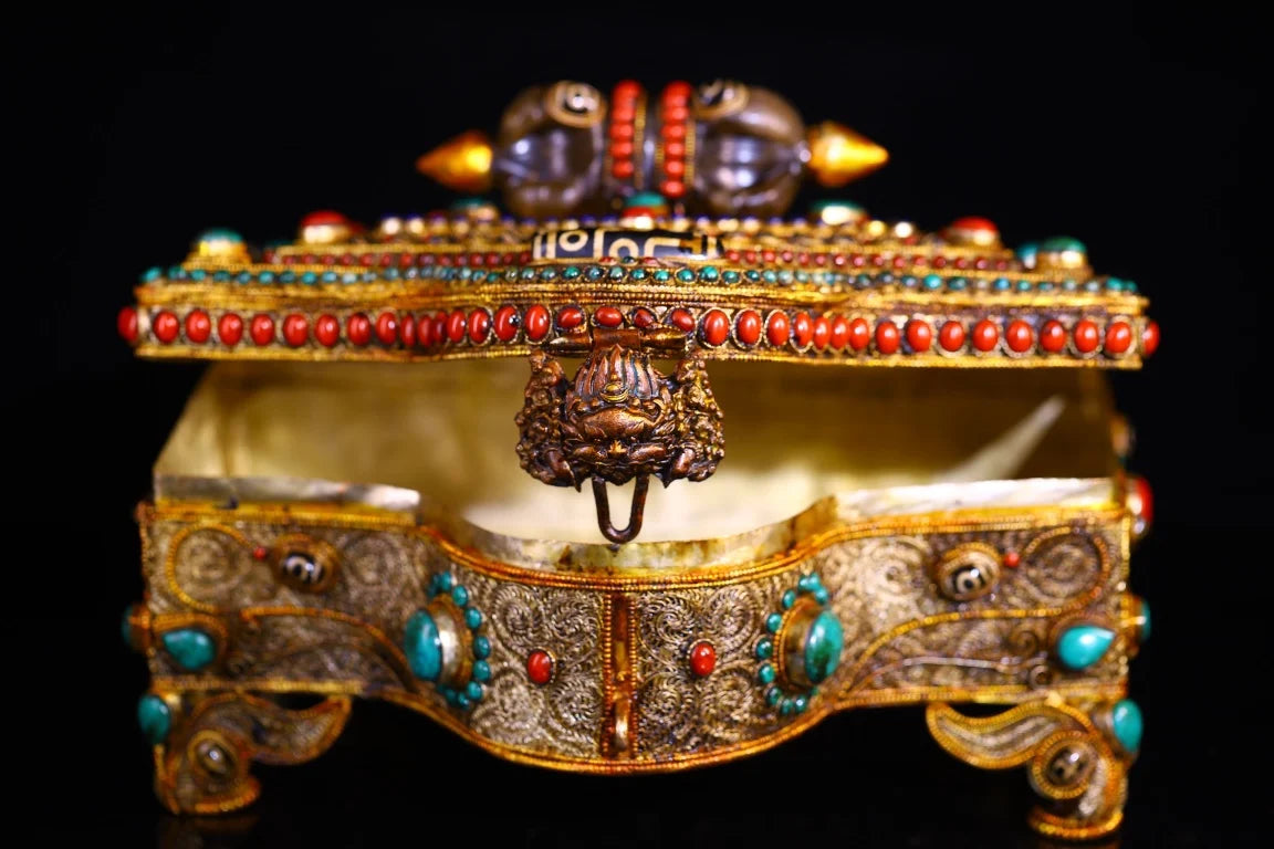 8”Tibet Temple Collection Old Tibetan silver Gilded Mosaic Gem gZi Beads Turquoise Crystal Vajra Treasure Box Jewelry Box