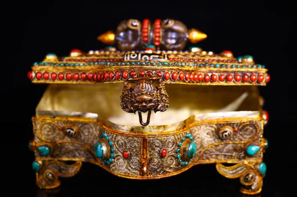 8”Tibet Temple Collection Old Tibetan silver Gilded Mosaic Gem gZi Beads Turquoise Crystal Vajra Treasure Box Jewelry Box