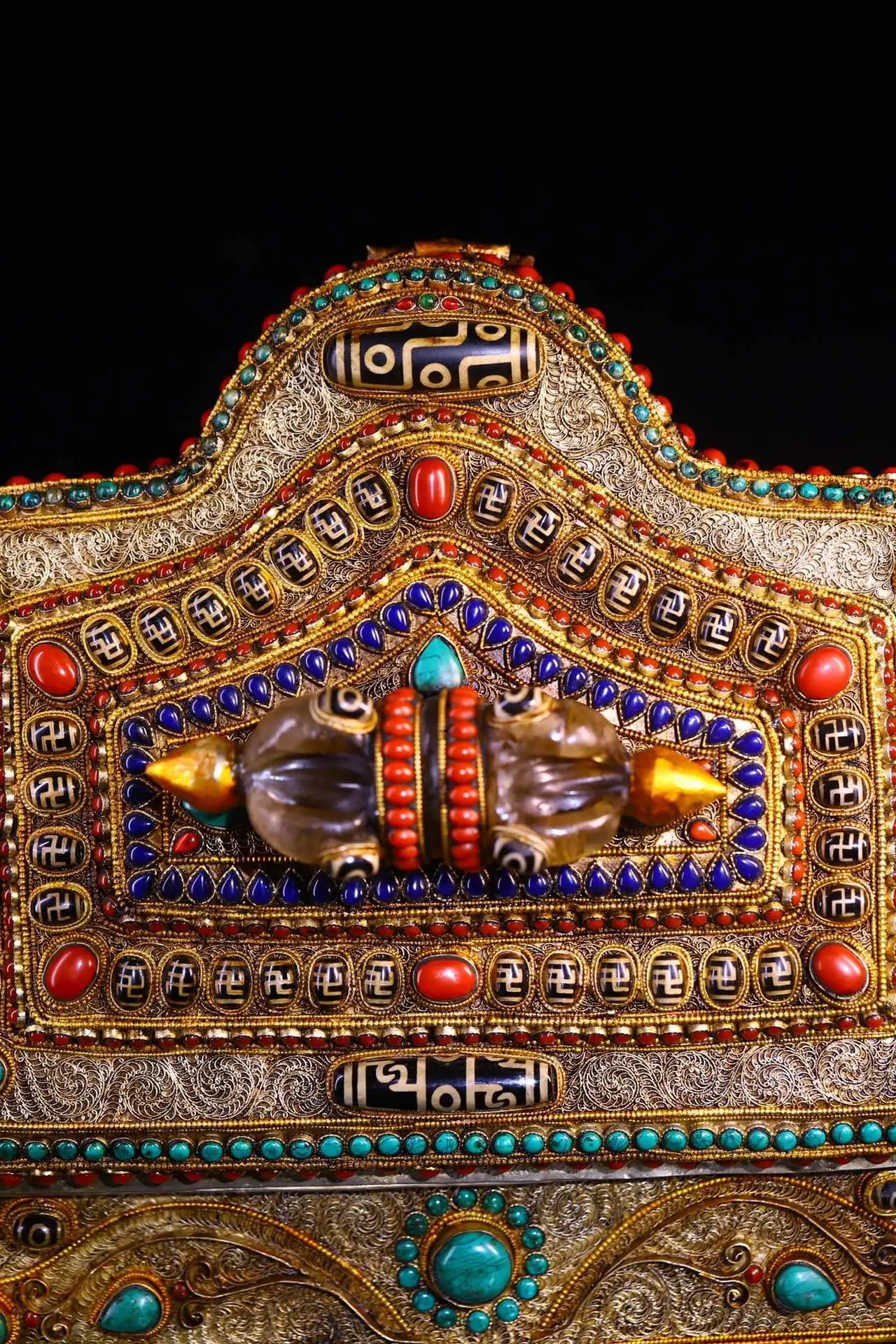 8”Tibet Temple Collection Old Tibetan silver Gilded Mosaic Gem gZi Beads Turquoise Crystal Vajra Treasure Box Jewelry Box