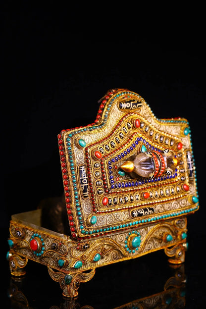 8”Tibet Temple Collection Old Tibetan silver Gilded Mosaic Gem gZi Beads Turquoise Crystal Vajra Treasure Box Jewelry Box