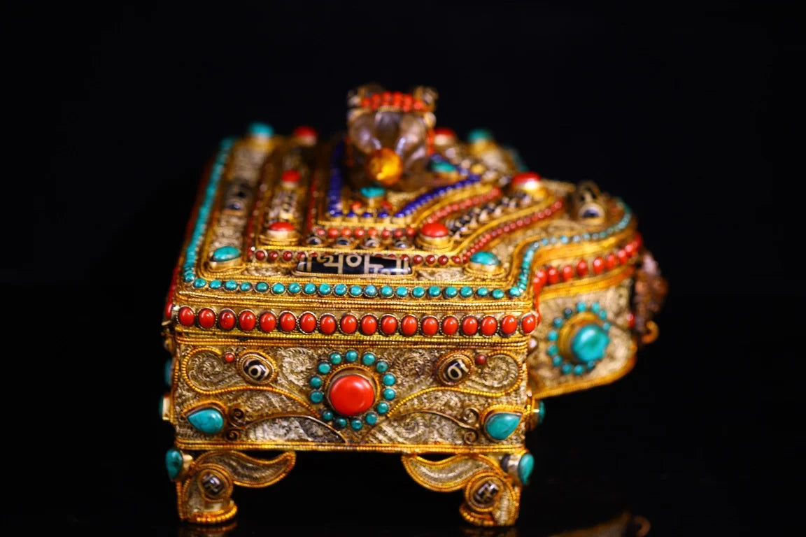 8”Tibet Temple Collection Old Tibetan silver Gilded Mosaic Gem gZi Beads Turquoise Crystal Vajra Treasure Box Jewelry Box