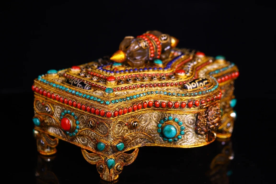 8”Tibet Temple Collection Old Tibetan silver Gilded Mosaic Gem gZi Beads Turquoise Crystal Vajra Treasure Box Jewelry Box