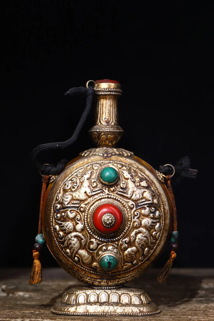 8"Tibetan Temple Collection Old Beeswax Tibetan silver Mosaic Gem Animal Pattern Snuff Bottle Worship Hall Town house Exorcism