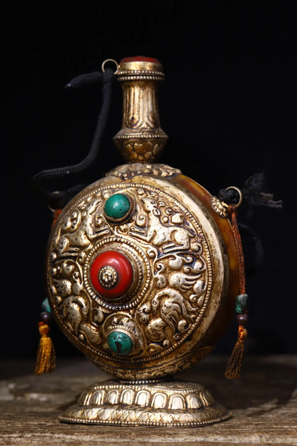 8"Tibetan Temple Collection Old Beeswax Tibetan silver Mosaic Gem Animal Pattern Snuff Bottle Worship Hall Town house Exorcism