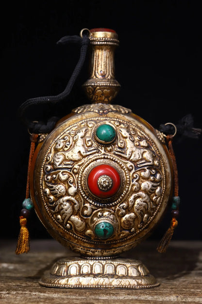 8"Tibetan Temple Collection Old Beeswax Tibetan silver Mosaic Gem Animal Pattern Snuff Bottle Worship Hall Town house Exorcism