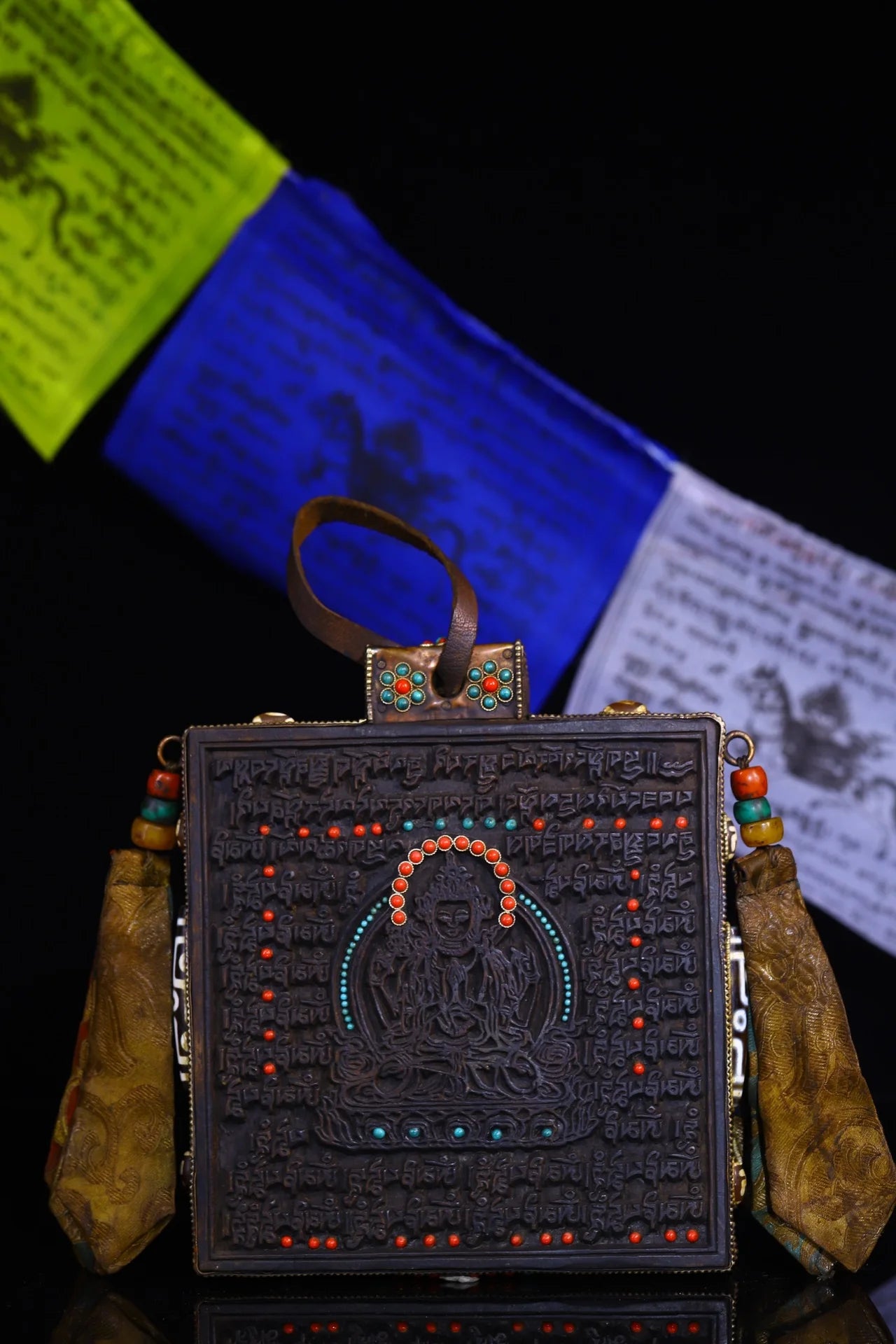 8"Tibetan Temple Collection Old Bodhi Root Mosaic Gem gZi Beads Sanskrit Four handmade Guanyin scripture board hanging screen