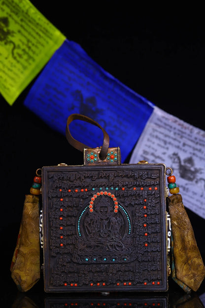 8"Tibetan Temple Collection Old Bodhi Root Mosaic Gem gZi Beads Sanskrit Four handmade Guanyin scripture board hanging screen