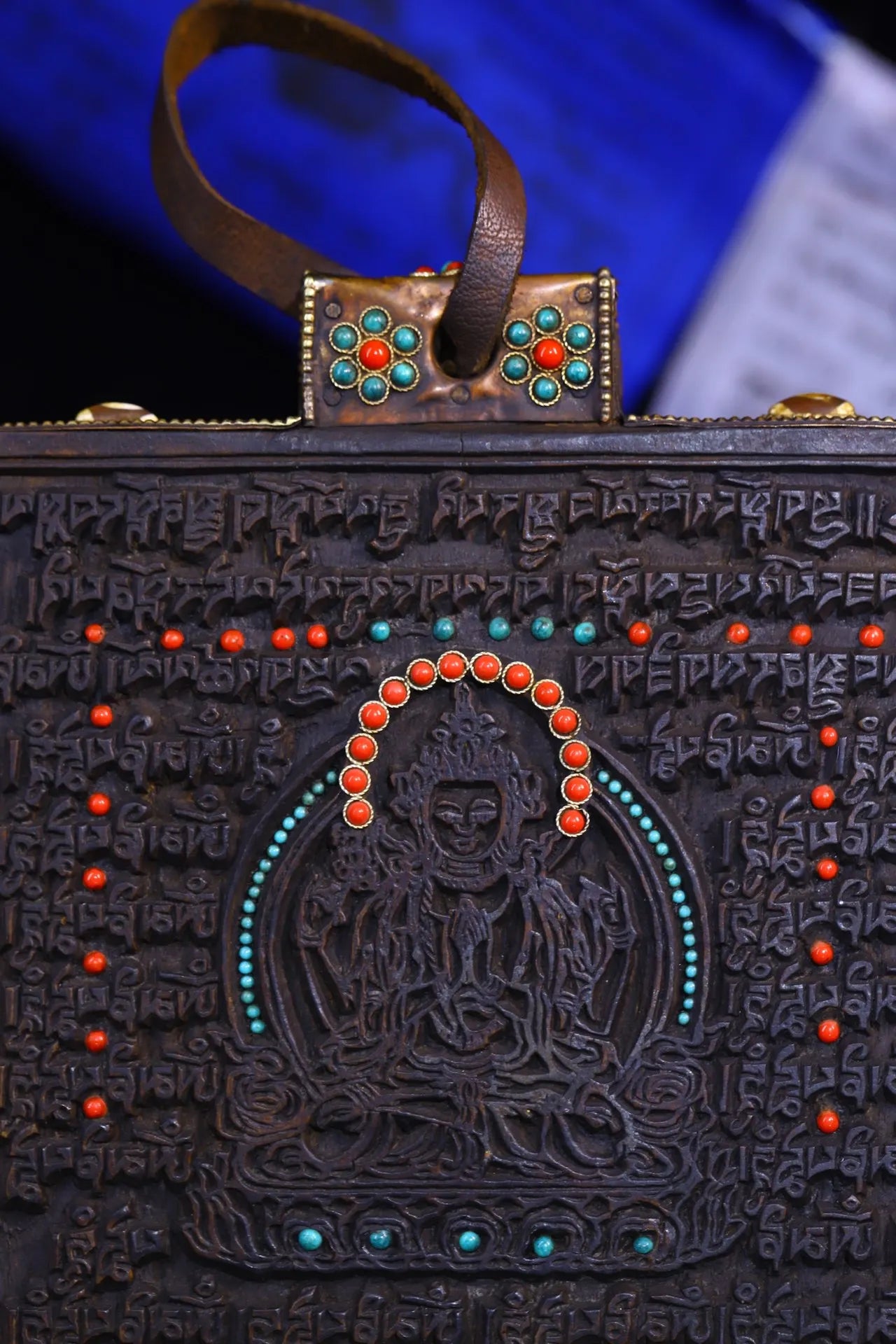 8"Tibetan Temple Collection Old Bodhi Root Mosaic Gem gZi Beads Sanskrit Four handmade Guanyin scripture board hanging screen