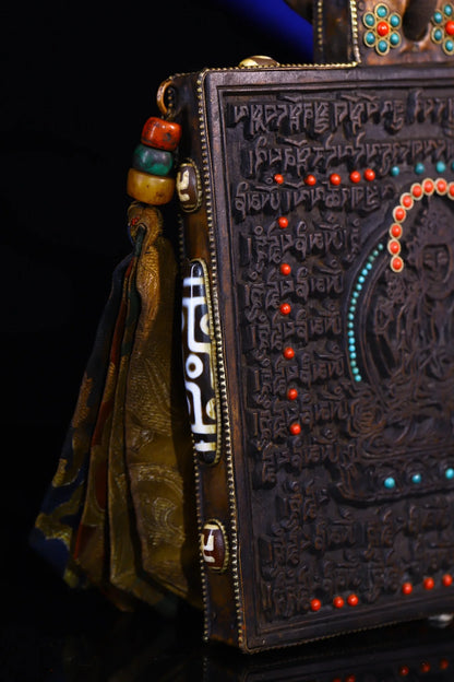 8"Tibetan Temple Collection Old Bodhi Root Mosaic Gem gZi Beads Sanskrit Four handmade Guanyin scripture board hanging screen