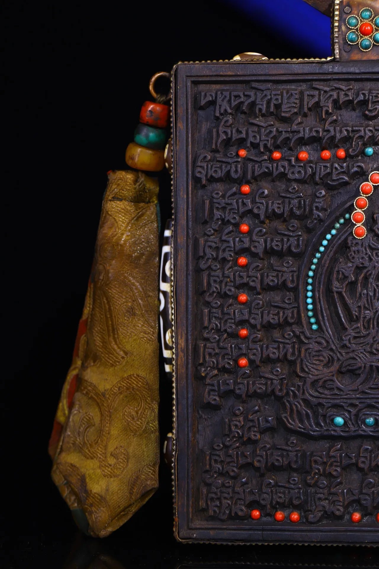 8"Tibetan Temple Collection Old Bodhi Root Mosaic Gem gZi Beads Sanskrit Four handmade Guanyin scripture board hanging screen