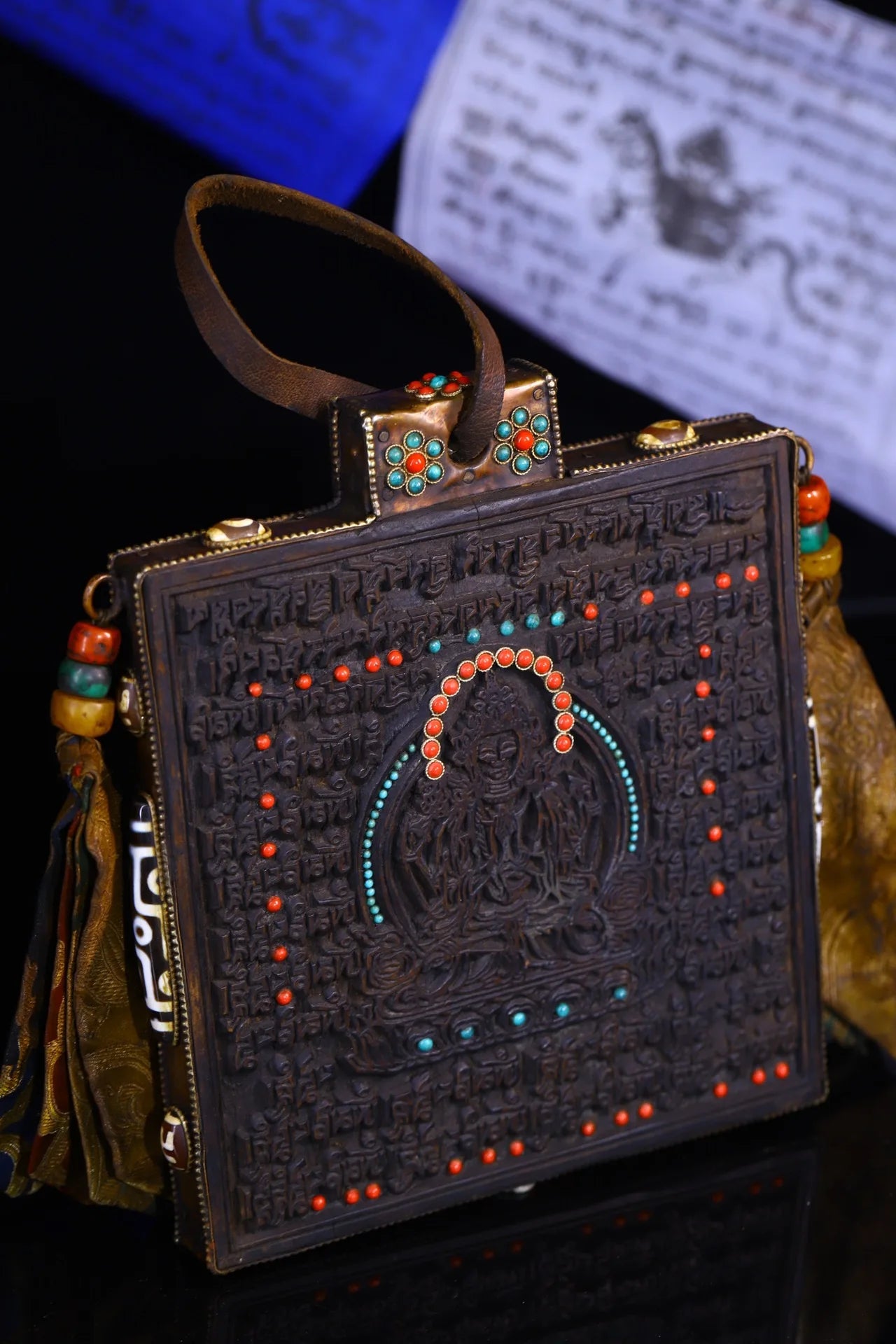8"Tibetan Temple Collection Old Bodhi Root Mosaic Gem gZi Beads Sanskrit Four handmade Guanyin scripture board hanging screen