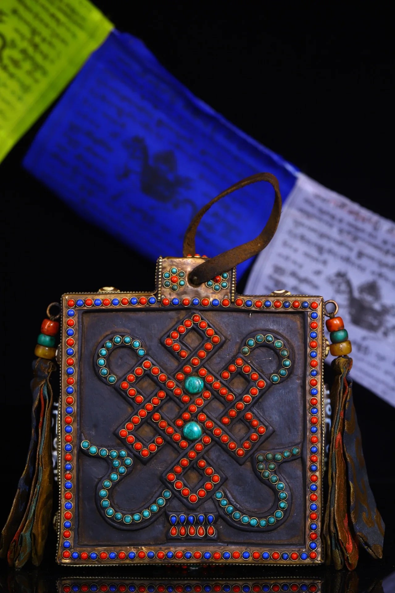 8"Tibetan Temple Collection Old Bodhi Root Mosaic Gem gZi Beads Sanskrit Four handmade Guanyin scripture board hanging screen