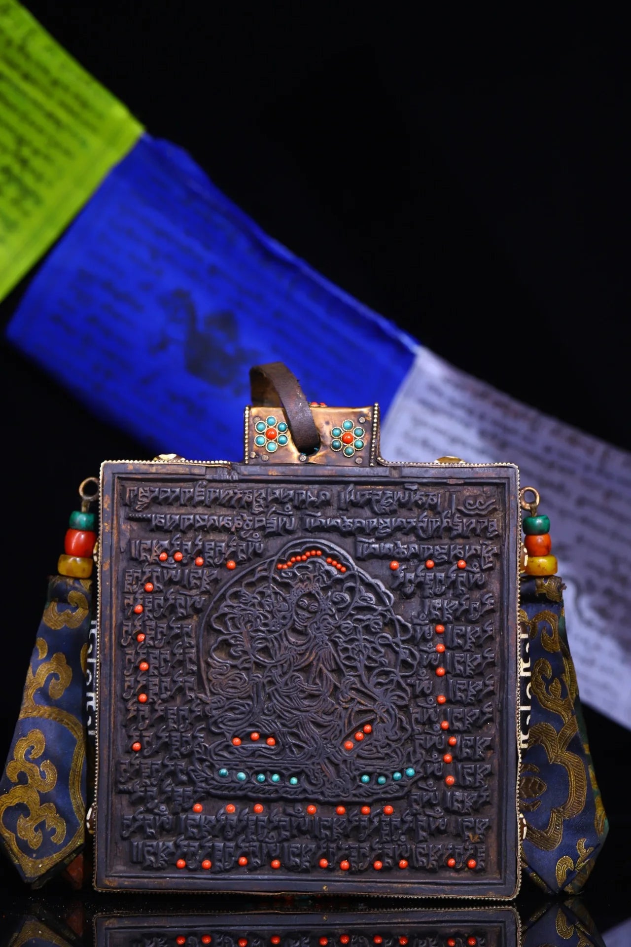 8"Tibetan Temple Collection Old Bodhi root Mosaic Gem gZi Beads Sanskrit Green Tara Cross Vajra scripture Dharma hanging screen