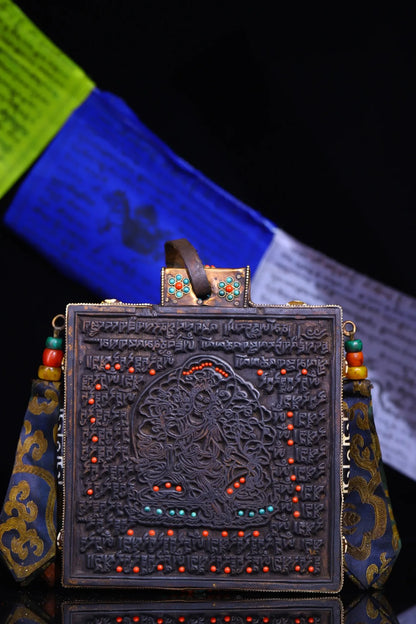 8"Tibetan Temple Collection Old Bodhi root Mosaic Gem gZi Beads Sanskrit Green Tara Cross Vajra scripture Dharma hanging screen