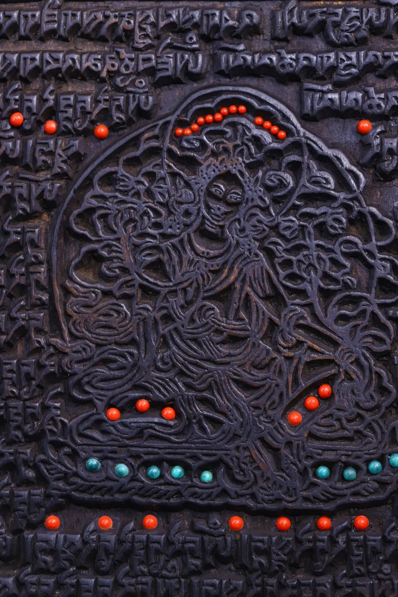 8"Tibetan Temple Collection Old Bodhi root Mosaic Gem gZi Beads Sanskrit Green Tara Cross Vajra scripture Dharma hanging screen