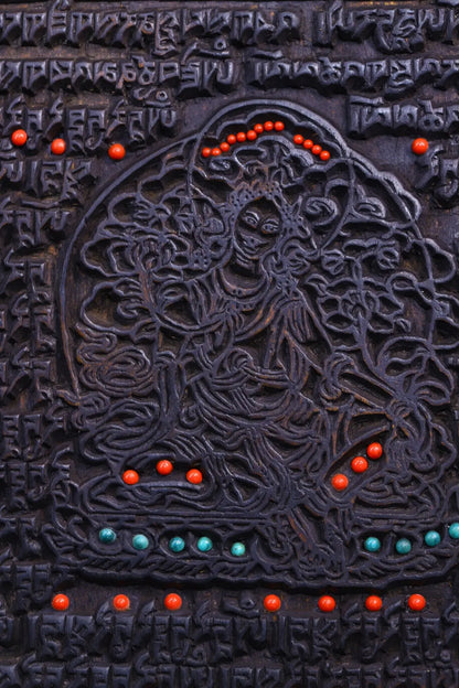 8"Tibetan Temple Collection Old Bodhi root Mosaic Gem gZi Beads Sanskrit Green Tara Cross Vajra scripture Dharma hanging screen