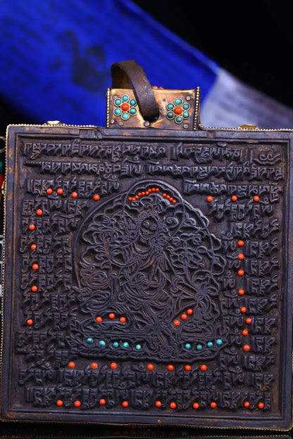 8"Tibetan Temple Collection Old Bodhi root Mosaic Gem gZi Beads Sanskrit Green Tara Cross Vajra scripture Dharma hanging screen
