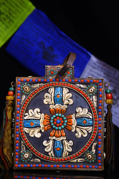 8"Tibetan Temple Collection Old Bodhi root Mosaic Gem gZi Beads Sanskrit Green Tara Cross Vajra scripture Dharma hanging screen