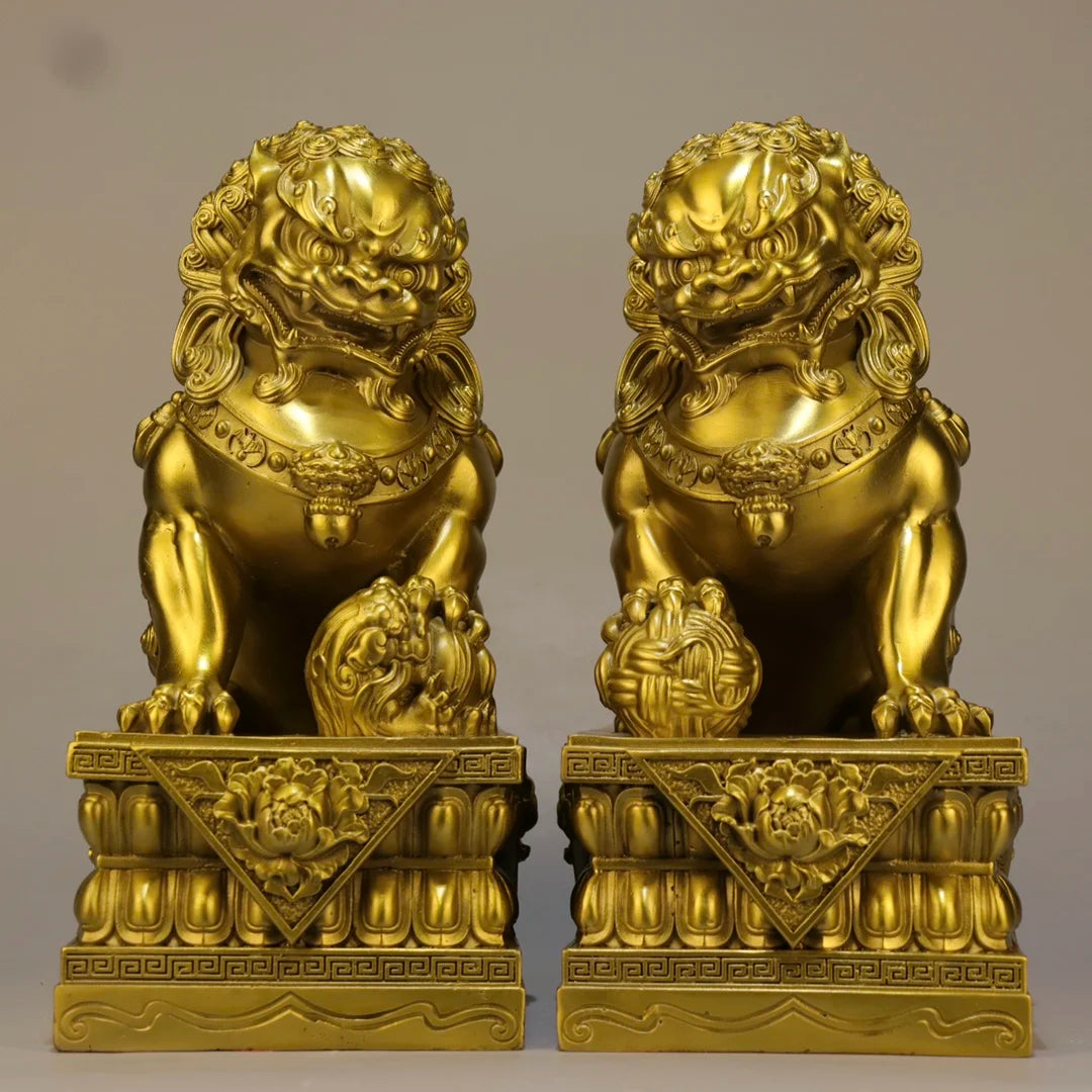 8"Tibetan Temple Collection Old Brass Lion Statue Gate Lion Gate God A Pair Amass wealth Ornaments Town house Exorcism
