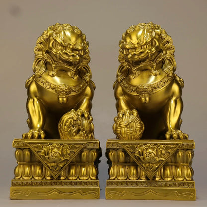 8"Tibetan Temple Collection Old Brass Lion Statue Gate Lion Gate God A Pair Amass wealth Ornaments Town house Exorcism