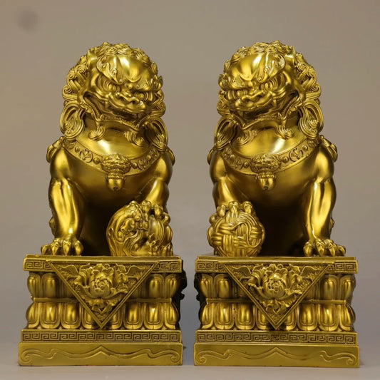8"Tibetan Temple Collection Old Brass Lion Statue Gate Lion Gate God A Pair Amass wealth Ornaments Town house Exorcism