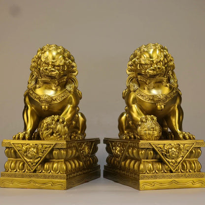 8"Tibetan Temple Collection Old Brass Lion Statue Gate Lion Gate God A Pair Amass wealth Ornaments Town house Exorcism