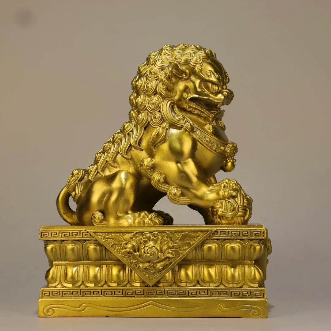 8"Tibetan Temple Collection Old Brass Lion Statue Gate Lion Gate God A Pair Amass wealth Ornaments Town house Exorcism