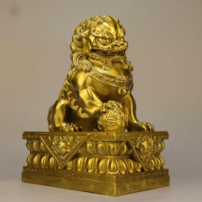 8"Tibetan Temple Collection Old Brass Lion Statue Gate Lion Gate God A Pair Amass wealth Ornaments Town house Exorcism