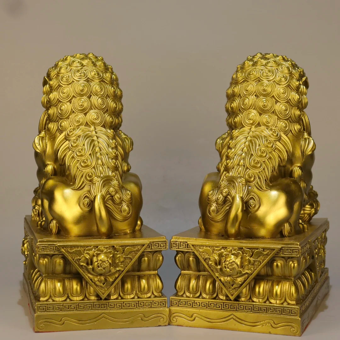 8"Tibetan Temple Collection Old Brass Lion Statue Gate Lion Gate God A Pair Amass wealth Ornaments Town house Exorcism