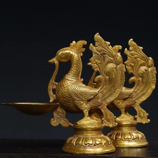 8"Tibetan Temple Collection Old Bronze Cinnabar Gilded Phoenix Statue lampstand Candlestick  A pair Amass wealth Ornaments