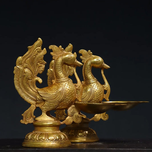 8"Tibetan Temple Collection Old Bronze Cinnabar Gilded Phoenix Statue lampstand Candlestick  A pair Amass wealth Ornaments