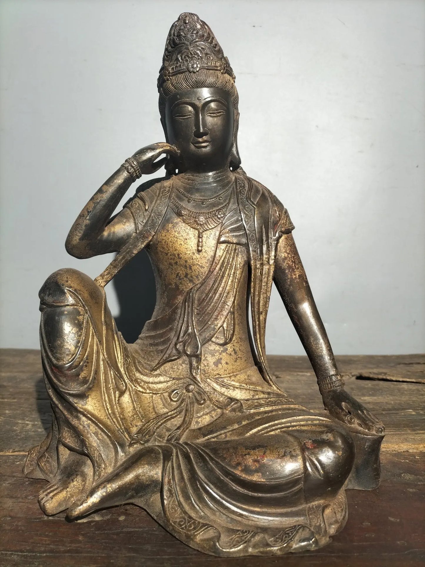 8"Tibetan Temple Collection Old Bronze Cinnabar Gilt Free Avalokitesvara Guanyin Bodhisattva Sitting Buddha Worship Hall
