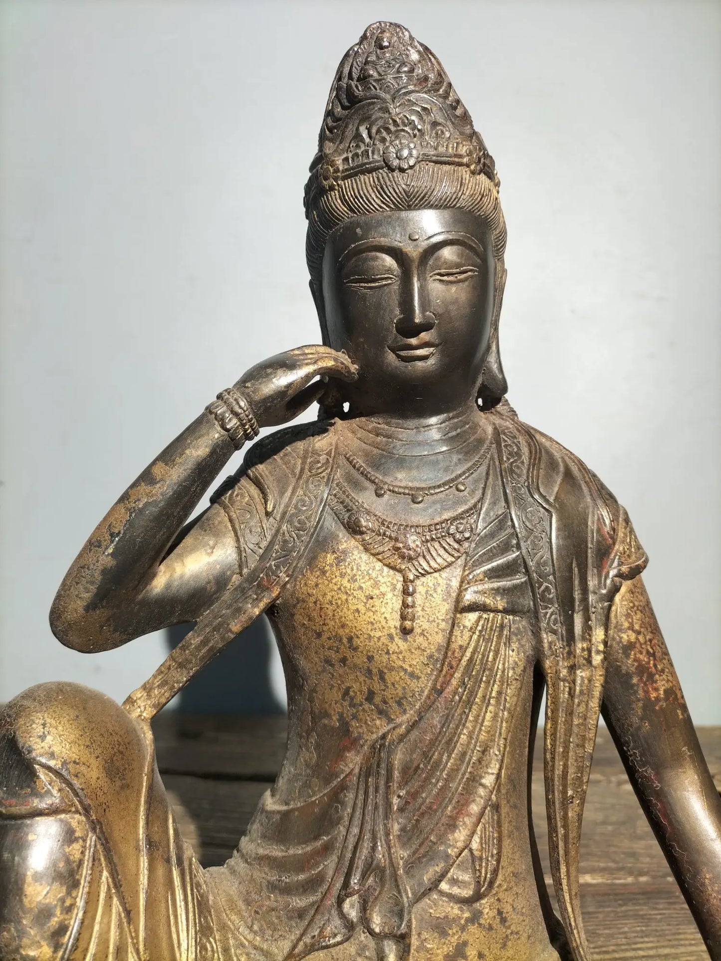 8"Tibetan Temple Collection Old Bronze Cinnabar Gilt Free Avalokitesvara Guanyin Bodhisattva Sitting Buddha Worship Hall
